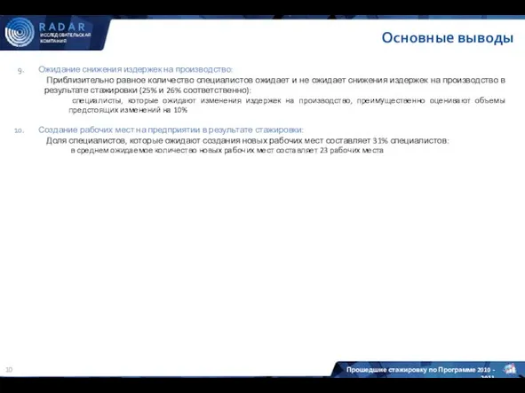 Основные выводы Ожидание снижения издержек на производство: Приблизительно равное количество специалистов ожидает