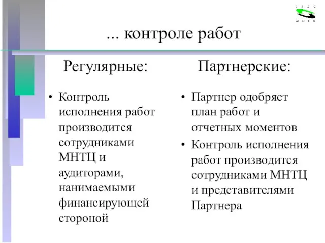 ... контроле работ Регулярные: Контроль исполнения работ производится сотрудниками МНТЦ и аудиторами,