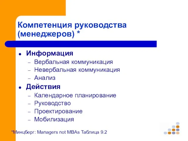 Компетенция руководства (менеджеров) * Информация Вербальная коммуникация Невербальная коммуникация Анализ Действия Календарное