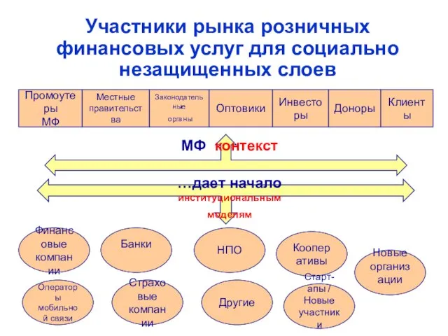 Участники рынка розничных финансовых услуг для социально незащищенных слоев Оптовики Инвесторы Доноры