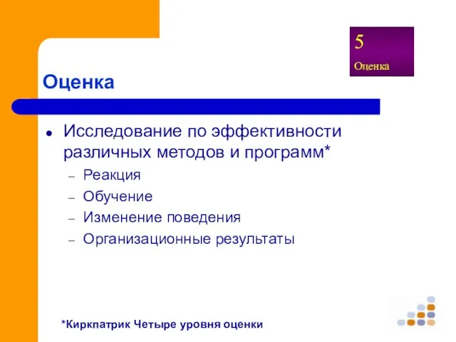 Оценка Исследование по эффективности различных методов и программ* Реакция Обучение Изменение поведения