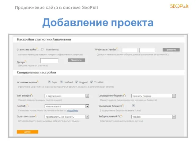 Продвижение сайта в системе SeoPult Добавление проекта