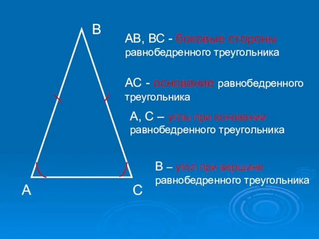 А В С АВ, ВС - боковые стороны равнобедренного треугольника А, С