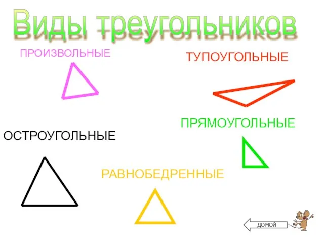 ПРОИЗВОЛЬНЫЕ ТУПОУГОЛЬНЫЕ ПРЯМОУГОЛЬНЫЕ ОСТРОУГОЛЬНЫЕ РАВНОБЕДРЕННЫЕ ДОМОЙ Виды треугольников