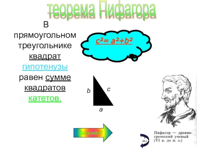 В прямоугольном треугольнике квадрат гипотенузы равен сумме квадратов катетов. теорема Пифагора с²= а²+b² Докажем? в меню