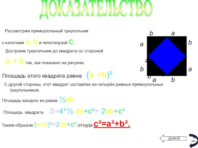 Рассмотрим прямоугольный треугольник с катетами a, b и гипотенузой c. Достроим треугольник