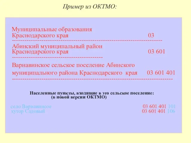 Пример из ОКТМО: Муниципальные образования Краснодарского края 03 ----------------------------------------------------------------------- Абинский муниципальный район