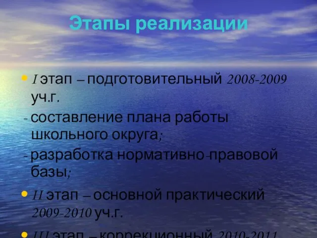 Этапы реализации I этап – подготовительный 2008-2009 уч.г. - составление плана работы