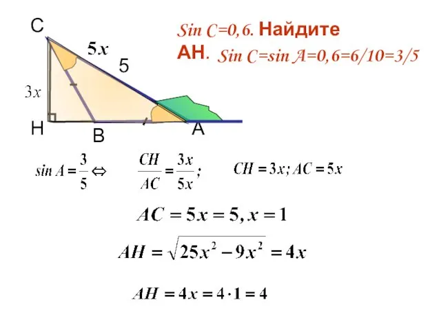 С 5 А Н В Sin C=0,6. Найдите АН. Sin C=sin A=0,6=6/10=3/5