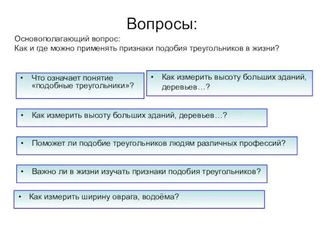 Вопросы: Что означает понятие «подобные треугольники»? Основополагающий вопрос: Как и где можно