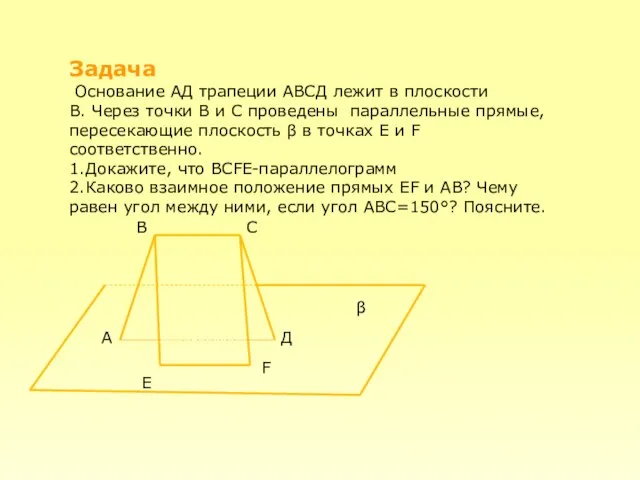 Задача Основание АД трапеции АВСД лежит в плоскости Β. Через точки В