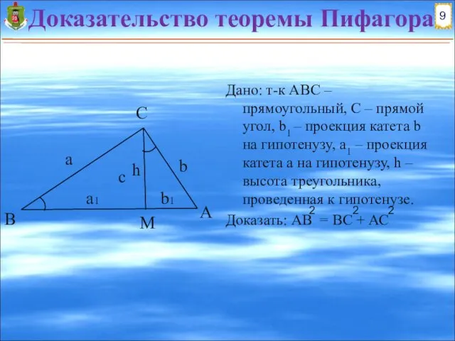 Доказательство теоремы Пифагора Дано: т-к АВС – прямоугольный, C – прямой угол,