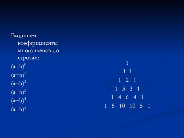 Выпишем коэффициенты многочленов по строкам: (a+b)0 (a+b)1 (a+b)2 (a+b)3 (a+b)4 (a+b)5 1