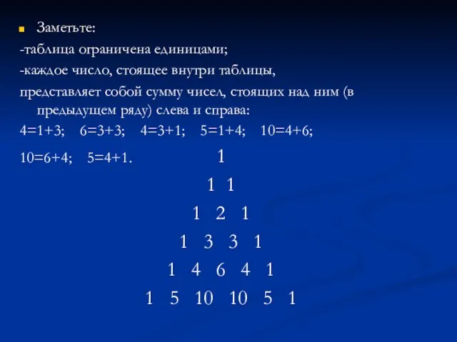 Заметьте: -таблица ограничена единицами; -каждое число, стоящее внутри таблицы, представляет собой сумму