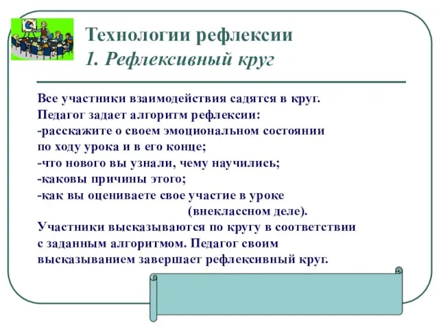 Технологии рефлексии 1. Рефлексивный круг Все участники взаимодействия садятся в круг. Педагог