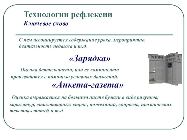 Технологии рефлексии Ключевое слово С чем ассоциируется содержание урока, мероприятие, деятельность педагога