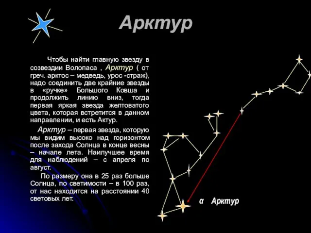 Арктур Чтобы найти главную звезду в созвездии Волопаса , Арктур ( от