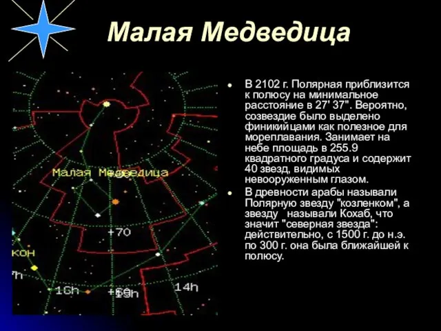 Малая Медведица В 2102 г. Полярная приблизится к полюсу на минимальное расстояние