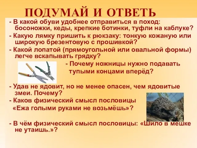 ПОДУМАЙ И ОТВЕТЬ - В какой обуви удобнее отправиться в поход: босоножки,