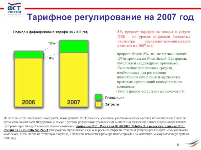 Тарифное регулирование на 2007 год 8% прирост тарифов на товары и услуги