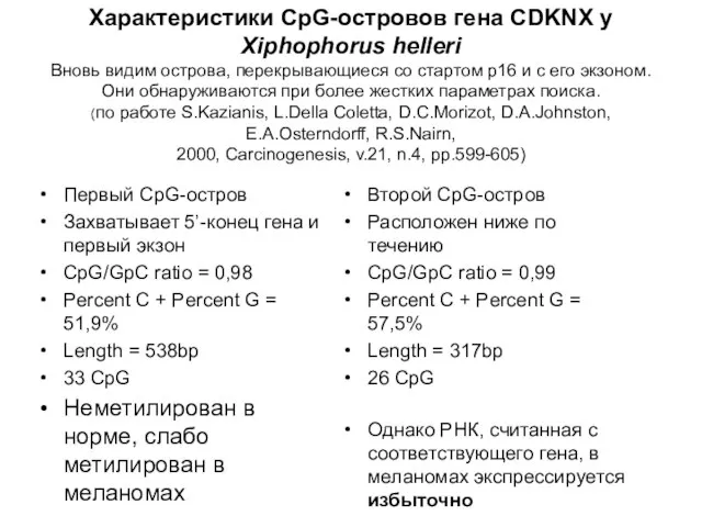 Характеристики CpG-островов гена CDKNX у Xiphophorus helleri Вновь видим острова, перекрывающиеся со