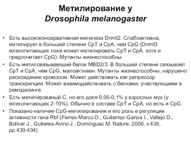 Метилирование у Drosophila melanogaster Есть высококонсервативная метилаза Dnmt2. Слабоактивна, метилирует в большей
