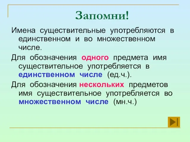 Запомни! Имена существительные употребляются в единственном и во множественном числе. Для обозначения