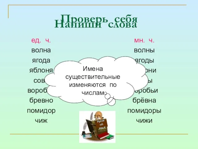 Напиши слова ед. ч. волна ягода яблоня сова воробей бревно помидор чиж