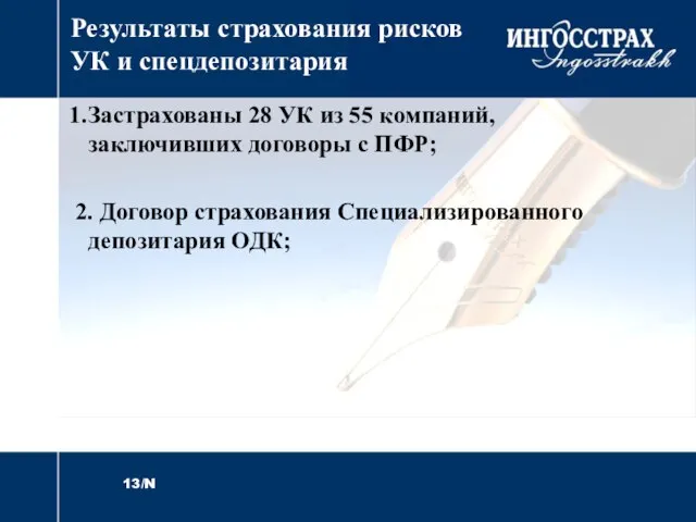 Результаты страхования рисков УК и спецдепозитария Застрахованы 28 УК из 55 компаний,