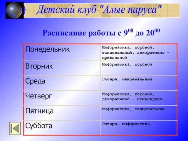 Детский клуб "Алые паруса" Расписание работы c 900 до 2000