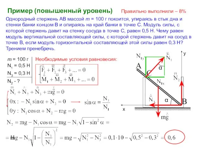 Однородный стержень АВ массой m = 100 г покоится, упираясь в стык