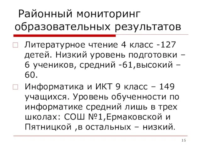 Районный мониторинг образовательных результатов Литературное чтение 4 класс -127 детей. Низкий уровень