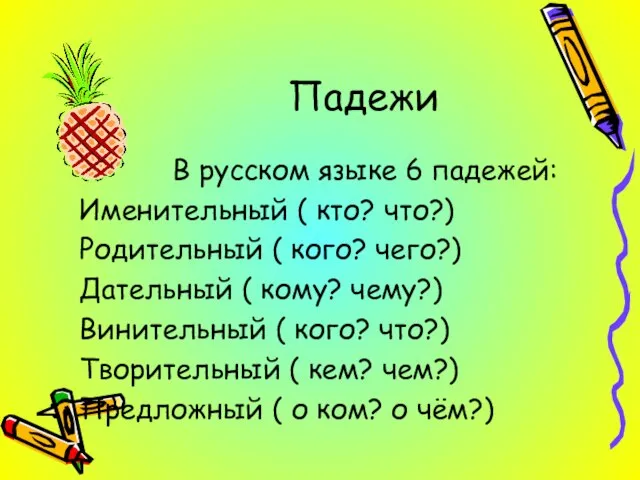 В русском языке 6 падежей: Именительный ( кто? что?) Родительный ( кого?