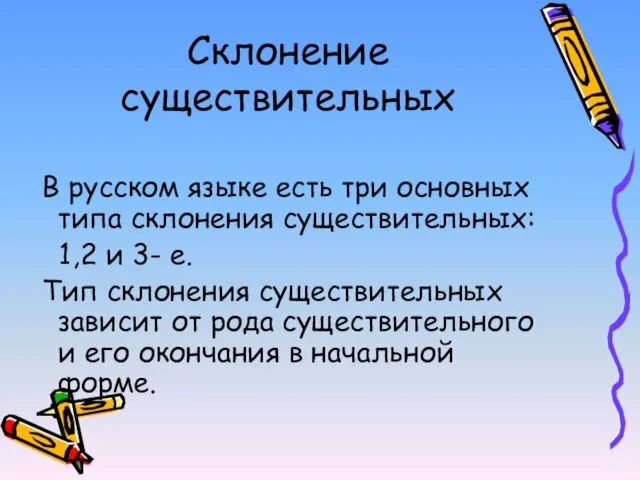 Склонение существительных В русском языке есть три основных типа склонения существительных: 1,2