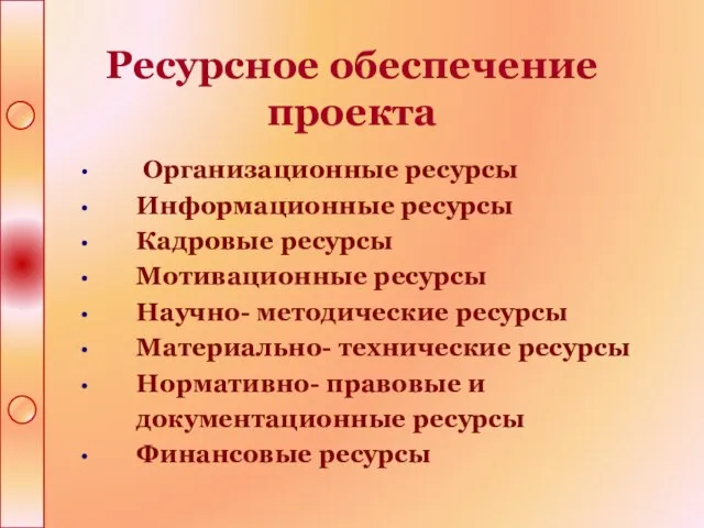 Ресурсное обеспечение проекта Организационные ресурсы Информационные ресурсы Кадровые ресурсы Мотивационные ресурсы Научно-