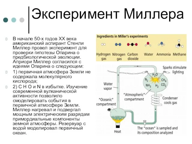 Эксперимент Миллера В начале 50-х годов ХХ века американский аспирант Стенли Миллер