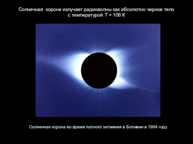 Солнечная корона излучает радиоволны как абсолютно черное тело с температурой Т =