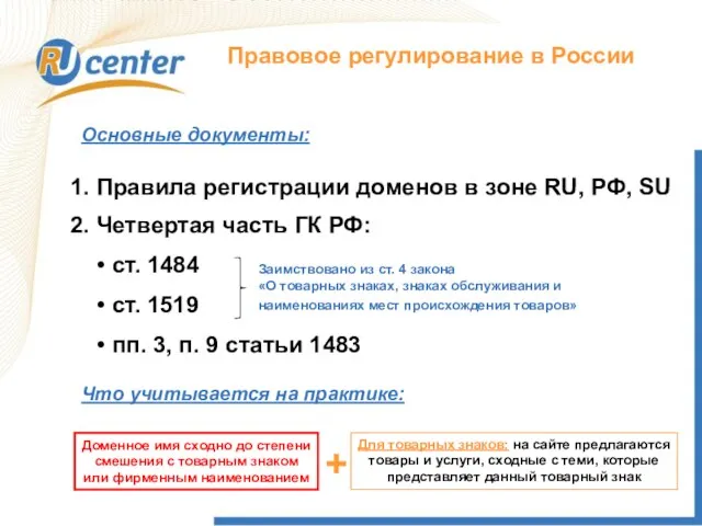 Правовое регулирование в России 1. Правила регистрации доменов в зоне RU, РФ,