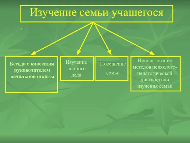 Изучение семьи учащегося Изучение личного дела Беседа с классным руководителем начальной школы