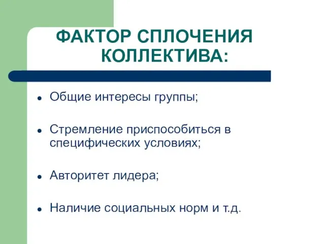 ФАКТОР СПЛОЧЕНИЯ КОЛЛЕКТИВА: Общие интересы группы; Стремление приспособиться в специфических условиях; Авторитет