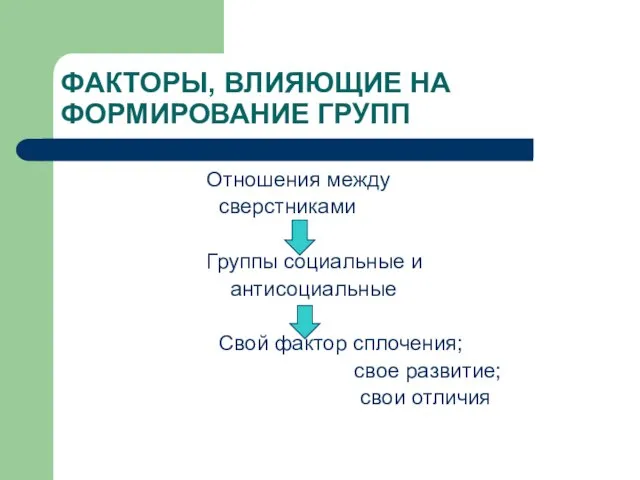 ФАКТОРЫ, ВЛИЯЮЩИЕ НА ФОРМИРОВАНИЕ ГРУПП Отношения между сверстниками Группы социальные и антисоциальные