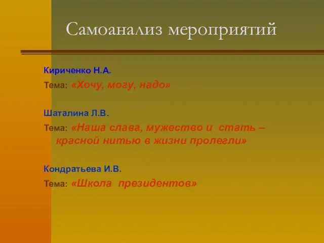 Кириченко Н.А. Тема: «Хочу, могу, надо» Шаталина Л.В. Тема: «Наша слава, мужество