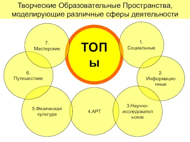 Творческие Образовательные Пространства, моделирующие различные сферы деятельности ТОПы 4.АРТ 5.Физическая культура 2.Информационные