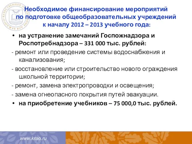 на устранение замечаний Госпожнадзора и Роспотребнадзора – 331 000 тыс. рублей: -