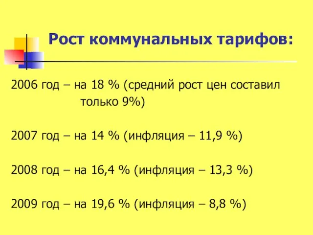 Рост коммунальных тарифов: 2006 год – на 18 % (средний рост цен