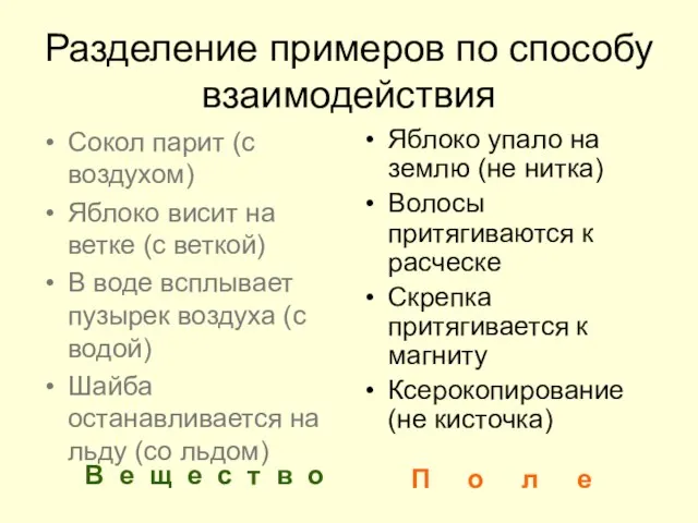 Разделение примеров по способу взаимодействия Сокол парит (с воздухом) Яблоко висит на