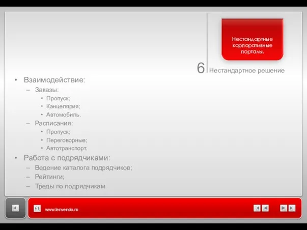 6 Нестандартное решение www.lenvendo.ru Взаимодействие: Заказы: Пропуск; Канцелярия; Автомобиль. Расписания: Пропуск; Переговорные;