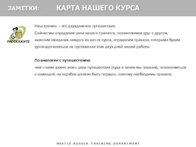 КАРТА НАШЕГО КУРСА ЗАМЕТКИ: Наш тренинг – это двухдневное путешествие. Сейчас мы