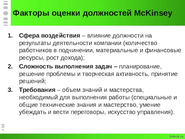 Факторы оценки должностей McKinsey Сфера воздействия – влияние должности на результаты деятельности