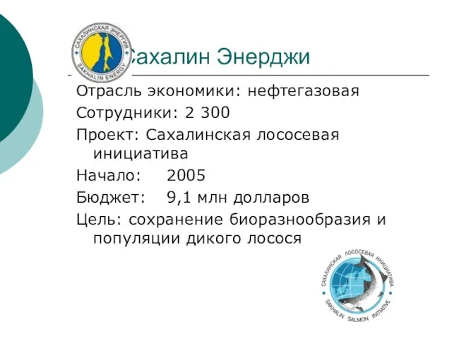 Отрасль экономики: нефтегазовая Сотрудники: 2 300 Проект: Сахалинская лососевая инициатива Начало: 2005